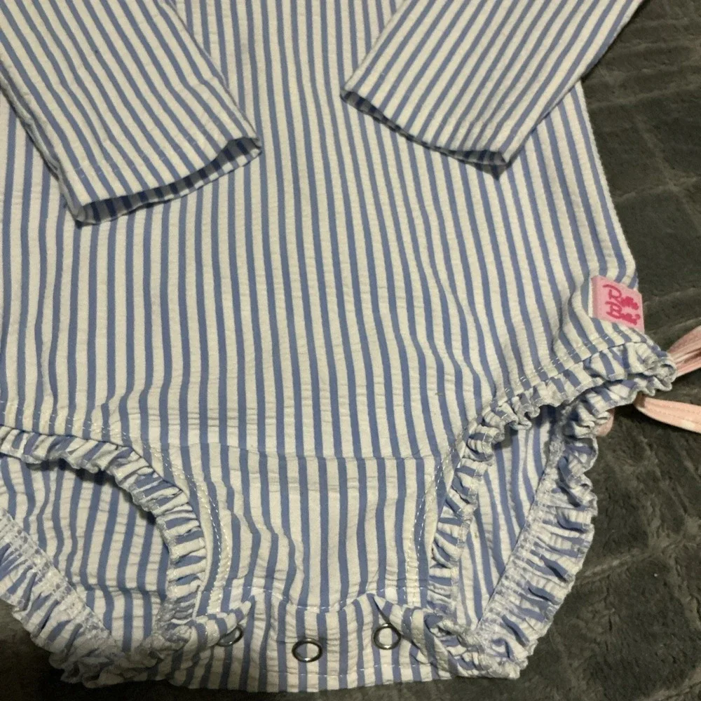 RuffleButts Baby Swimsuit 2T Blue/White/Pink Striped Long Sleeve One‑Piece - Picture 2 of 4